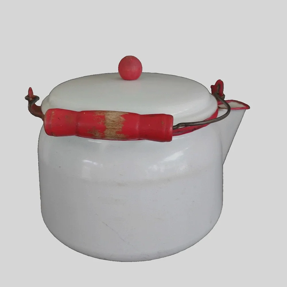 🏕️🚙Enamelware Kettle Coffee Pot White Red Wood Handle Farmhouse Camp Cowboy